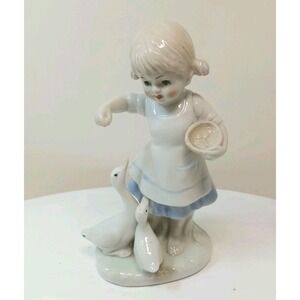 VTG Lego Glazed Porcelain Dutch Holland Girl Feeding Geese Blue White 1950s